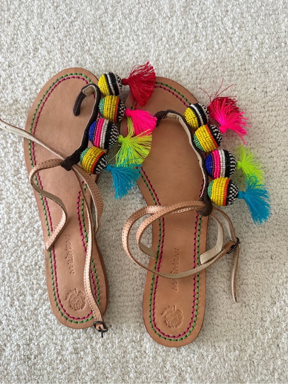 New Maliparmi for Calypso Jaiya Beaded Tassel Leather Sandals Sz 40